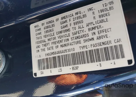 2006 Honda Accord 2.4 Lx z USA, uszkodzony, nr VIN 1HGCM56466A053010